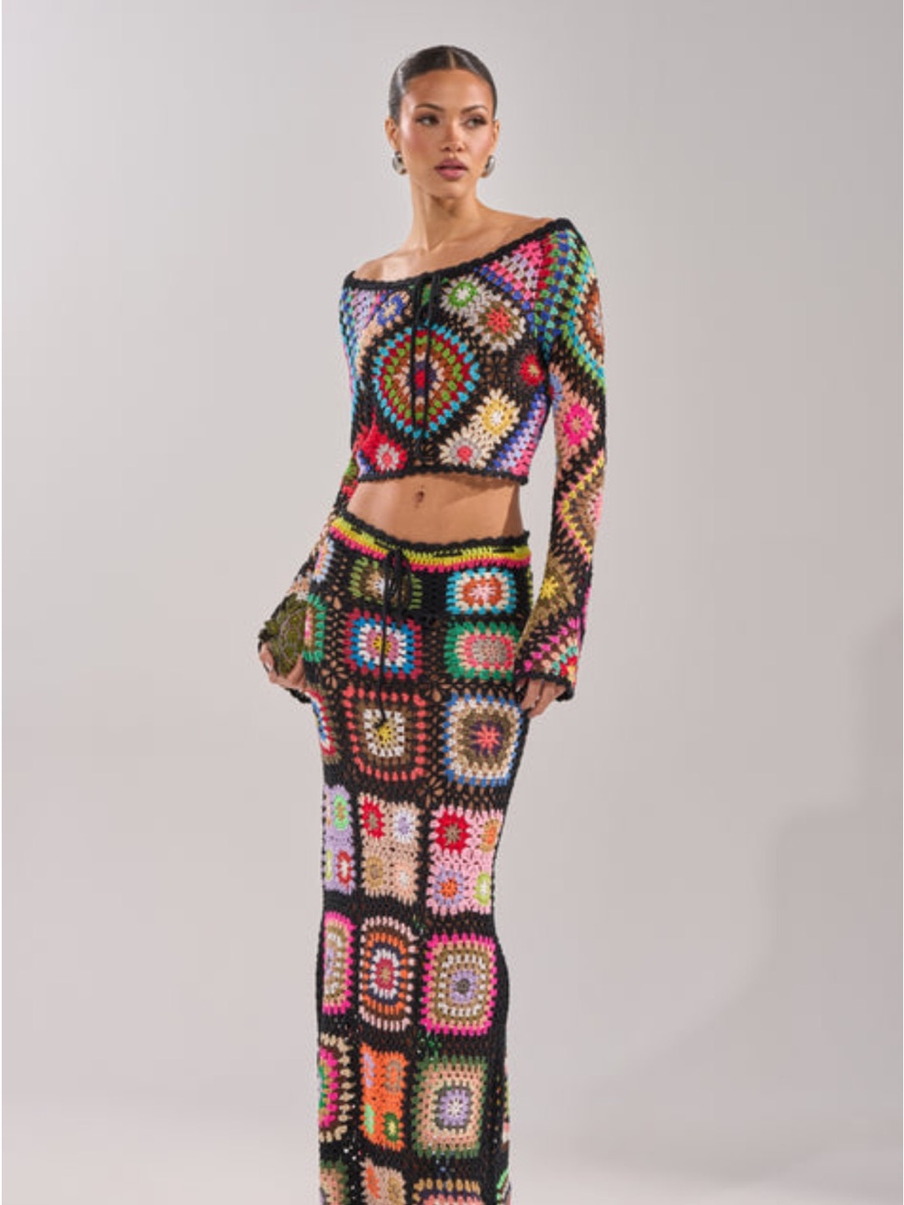 AKIRA Black Multicolor Crochet Maxi Skirt